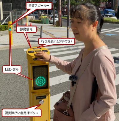【画像】LED付き音響装置信号。ポールにまとめられた機能を開設しています。頭頂部には振動信号があり、行き先を示す銘板が取り付けられています。胴部分には交差点内面に音響スピーカーとLED表示板。交差点外面にLED表示板と押しボタンスイッチが設置されています。