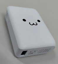 横置き外観 写真:DE-C78L-10000WFの外観。電源ボタンが左前上側になるよう横置きしています。手前右面にUSBタイプA挿込口があります。上側面にマスコットキャラクターしろちゃんが描かれています。